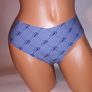 Victoria Secret PINK Panty Large Thong Seamless No Show Blue Allover Logo Print